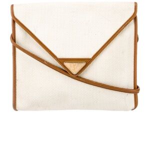 Yves Saint Laurent Cream Canvas Clutch with Tan Leather Trim Crossbody